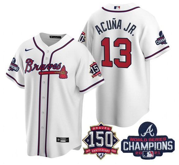 Women's Atlanta Braves #13 Ronald Acuña Jr 2021 White World Series Champions With 150th Anniversary Patch Cool Base Stitched Jersey(Run Small)